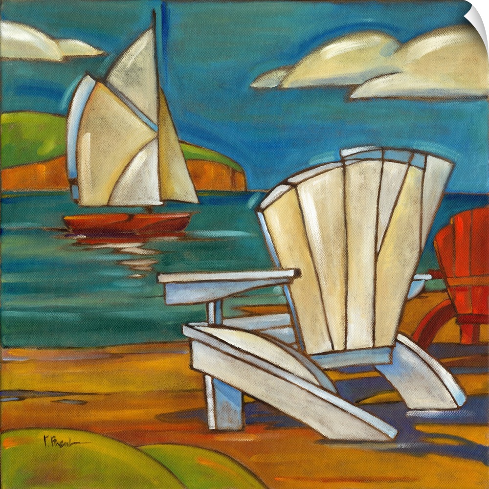 Stylized painting of a beach with a sailboat and an adirondack chair.