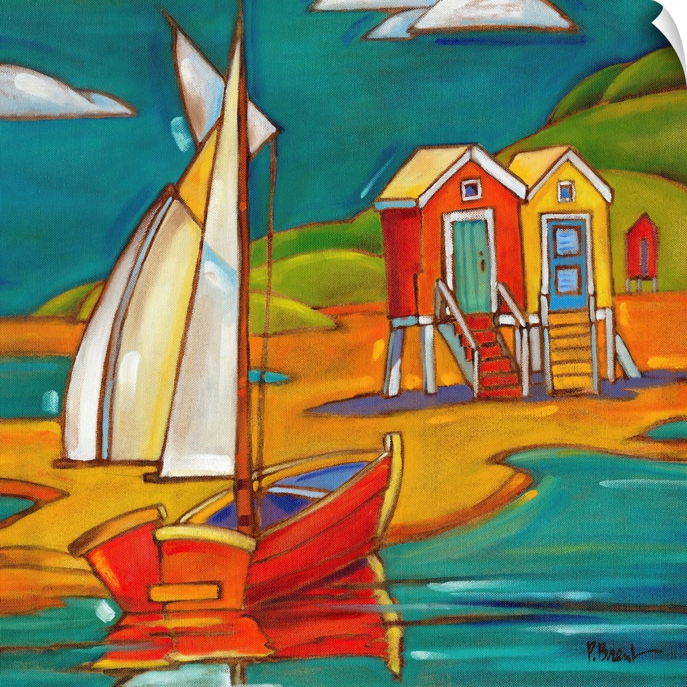 Stylized painting of a beach with a sailboat and two beach huts.