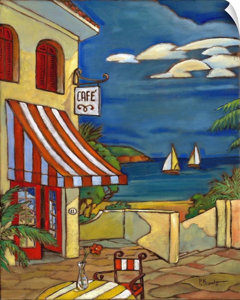 Illustration of a cafe in Portofino by the sea, with a striped awning.