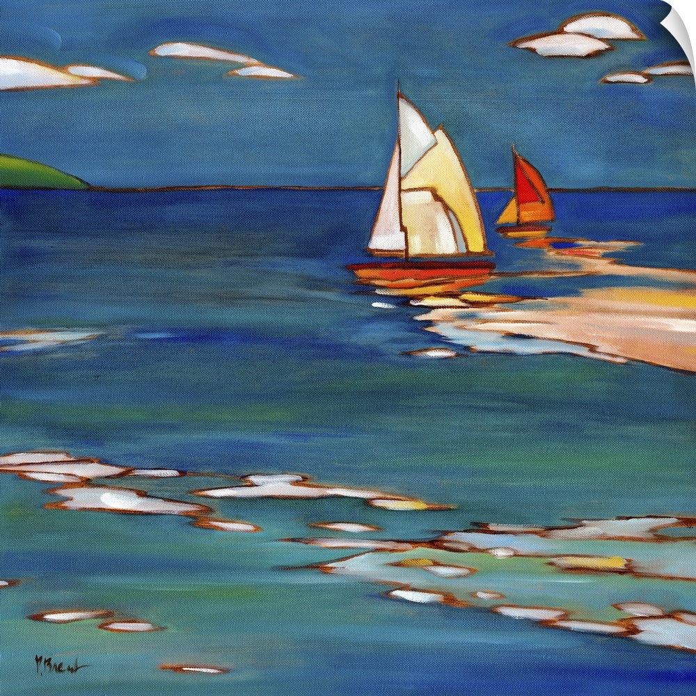 Stylized painting of a beach with two sailboats and their reflections.