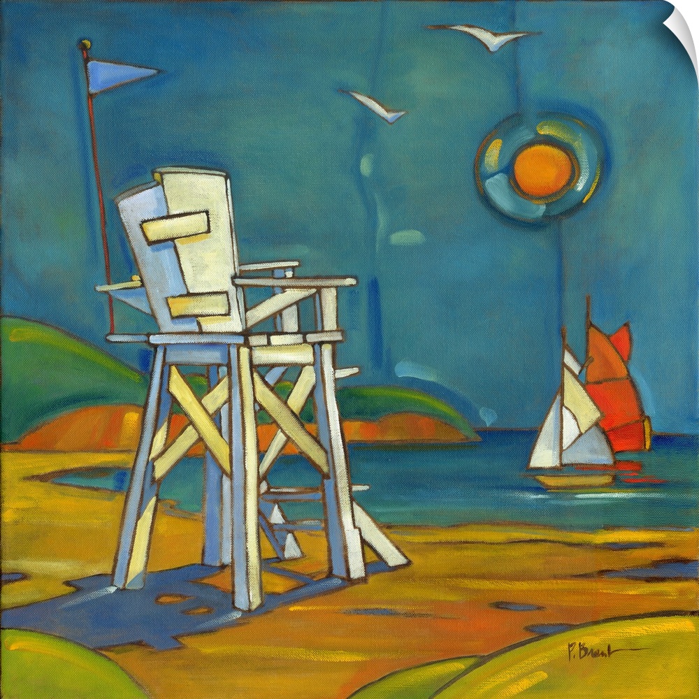 Stylized painting of a beach with sailboats and a lifeguard stand.