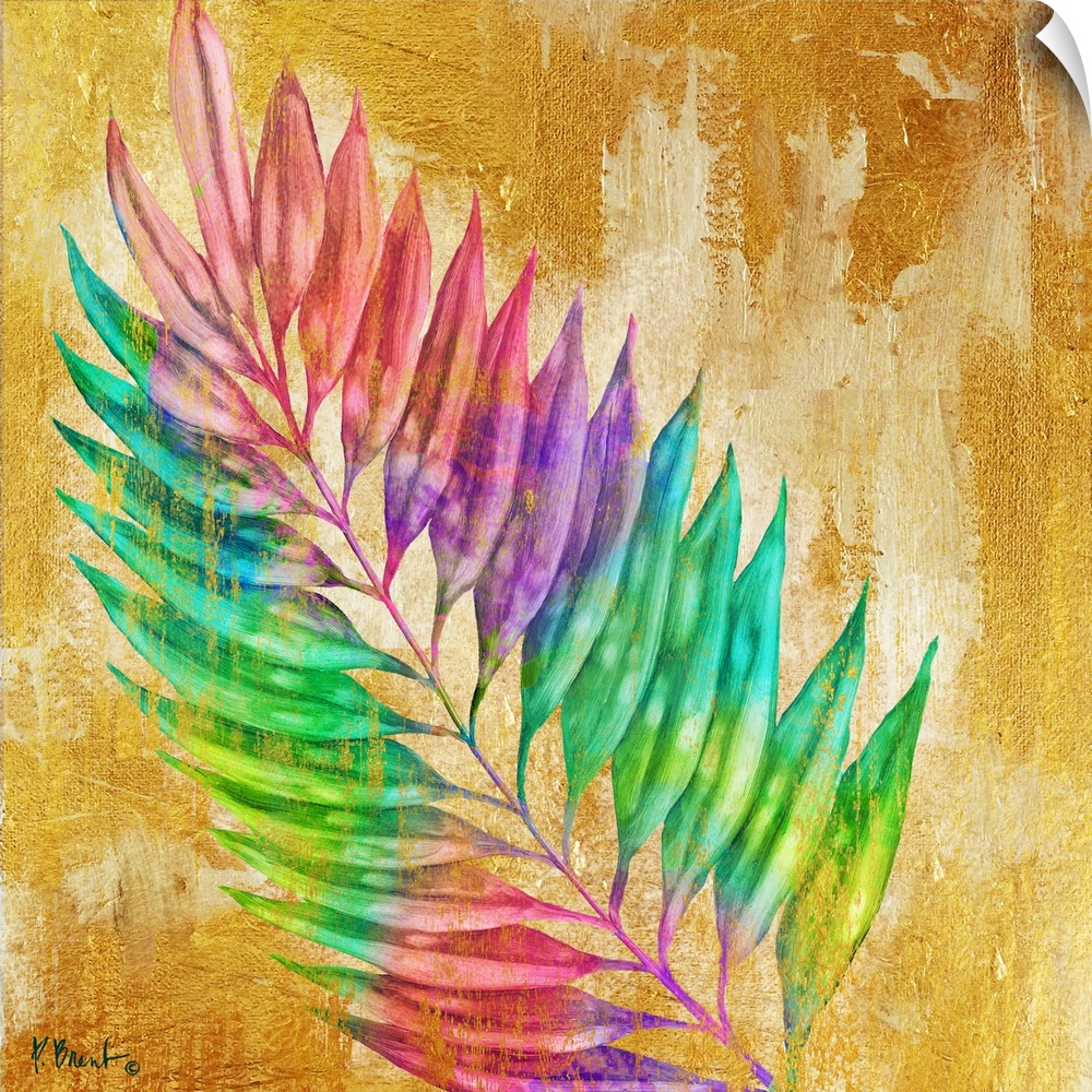 Square decor with a multi-colored palm branch on a gold textured background.
