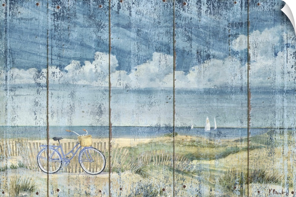 Contemporary artwork of a beach scene with a bicycle resting against a fence on a textured panel background.