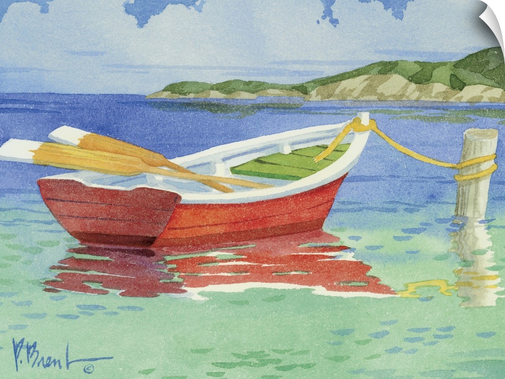 Contemporary painting of a single red rowboat tied to a post in the water.