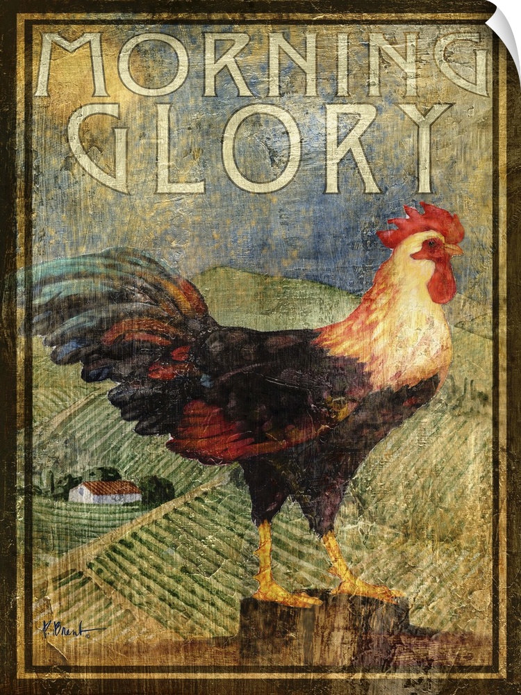 Rustic-style sign for a farm with a rooster and the words Morning Glory.