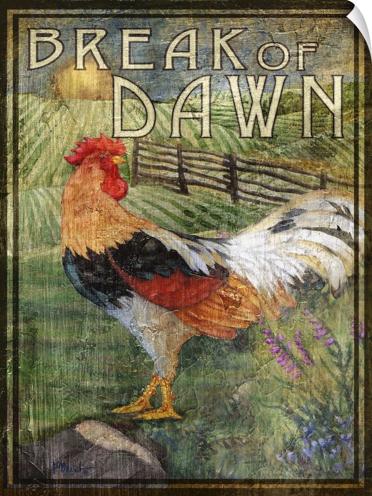 Rustic-style sign for a farm with a strutting rooster and the words Break of Dawn.
