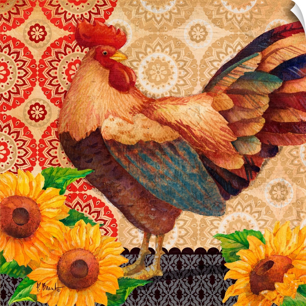Decorative panel of a rooster with sunflowers and batik patterns.