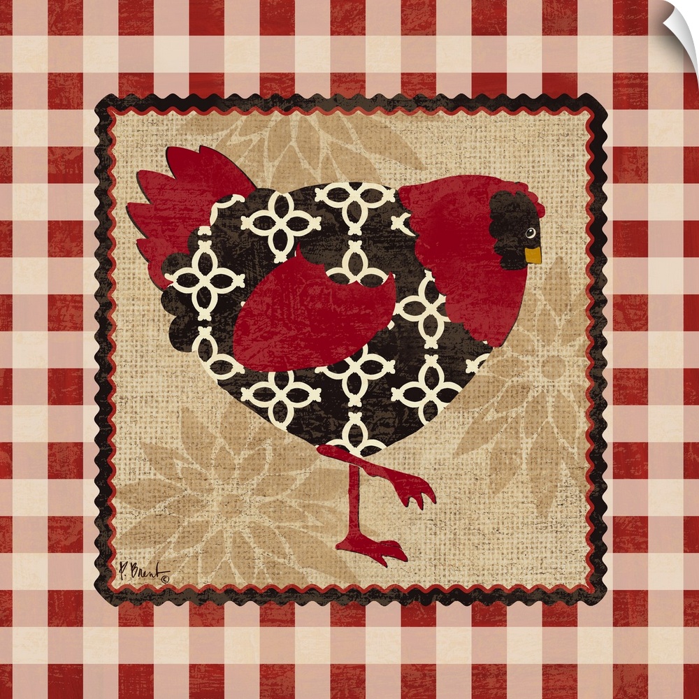 A red and black chicken in a decorative gingham border.