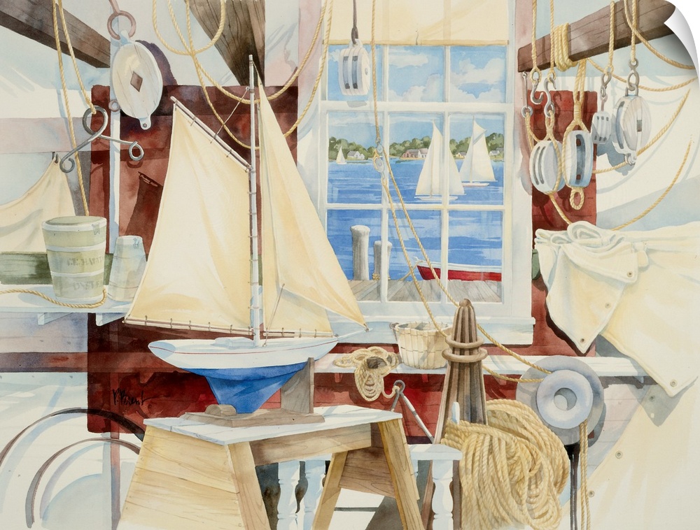 Watercolor painting of a shop full of sailing-themed items, such as ropes and toy boats.