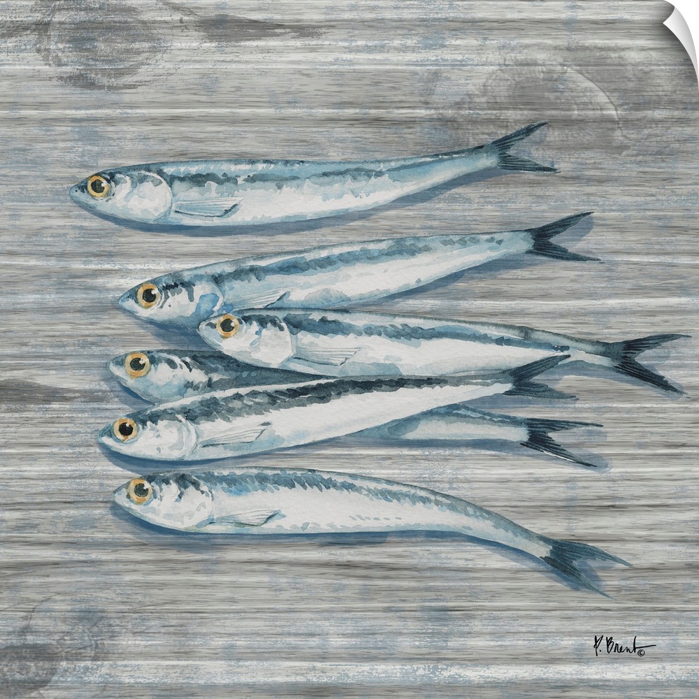 Watercolor painting of sardines on a wooden background.