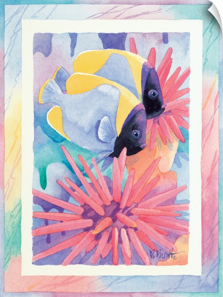 Watercolor painting of two fish swimming near sea urchins, done in pastel colors.