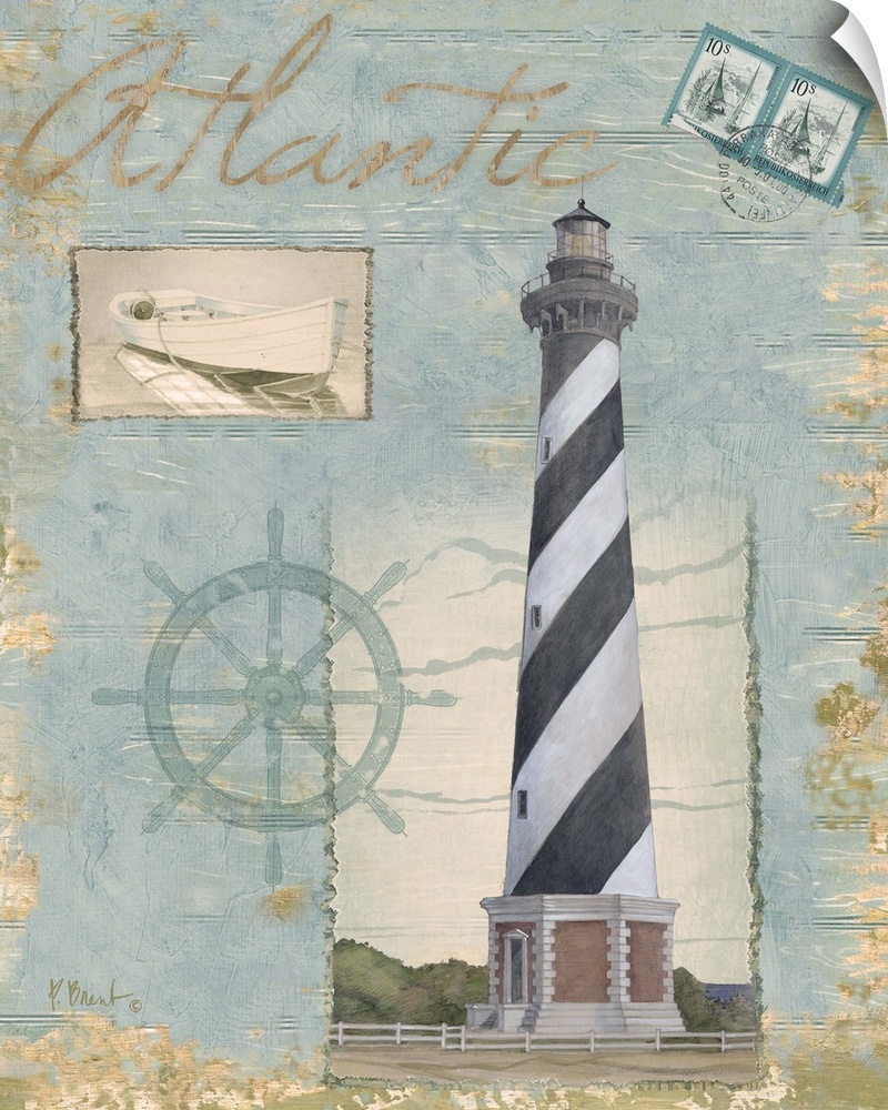 Collage-style artwork featuring a lighthouse, a ship's wheel, and postage stamps on a textured wooden background.