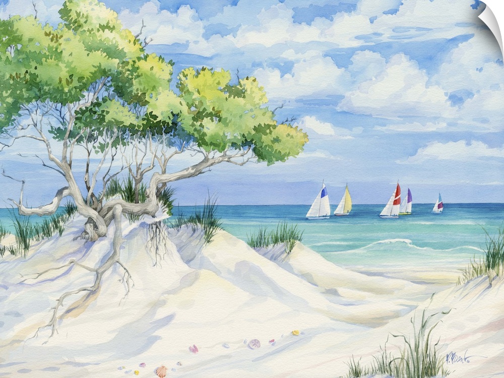 Painting of a sandy beach with trees growing in the dunes.