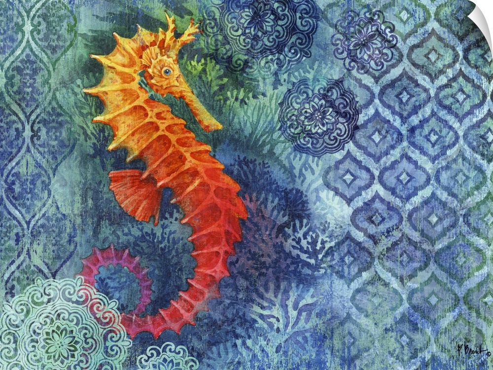Painting of a seahorse on a batik background decorated with corals