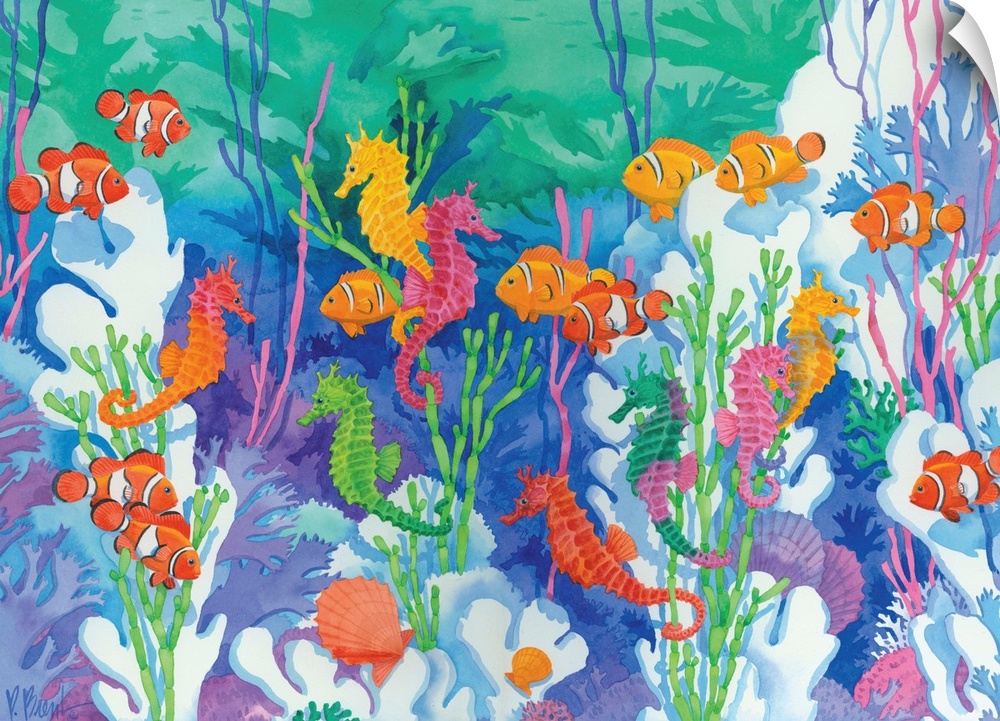 Contemporary painting of an underwater scene with seahorses and tropical fish.