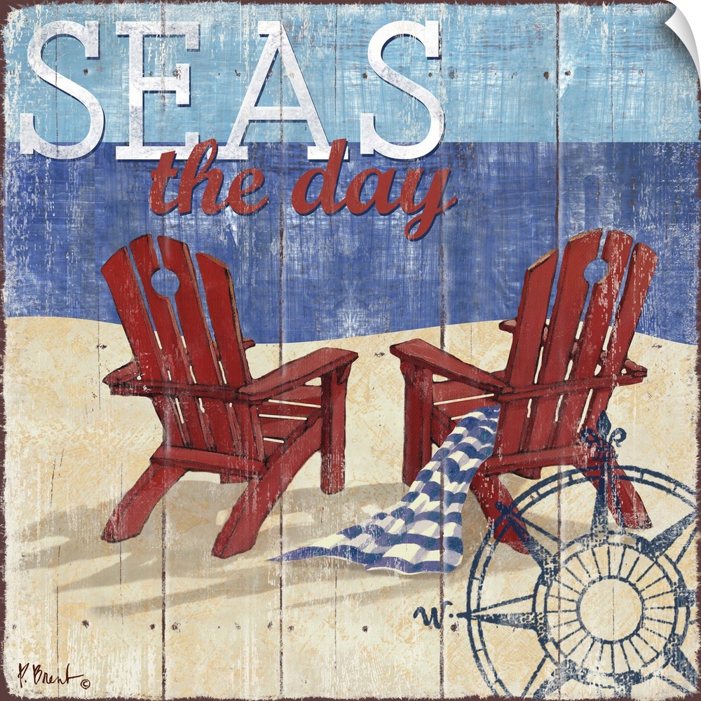 A pair of adirondack chairs on a sandy beach on a faux wood background.