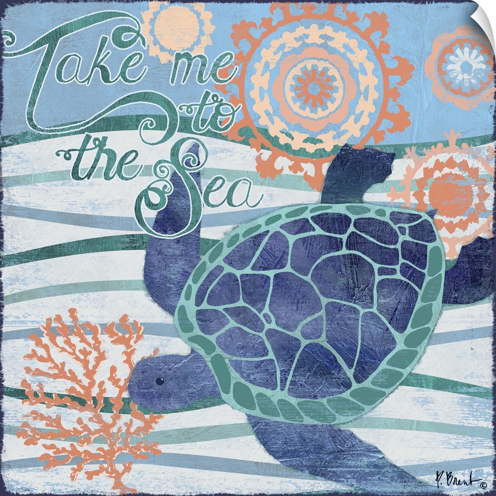 Contemporary decorative artwork of a sea turtle on a stylized wave background with sea life elements.