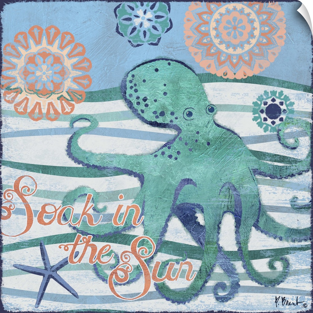 Contemporary decorative artwork of an octopus on a stylized wave background with sea life elements.