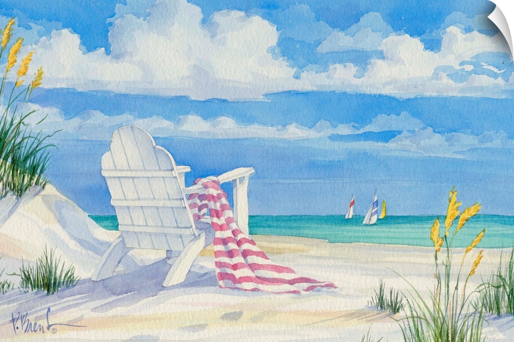 Painting of an adirondack chair with a towel on a sandy beach.
