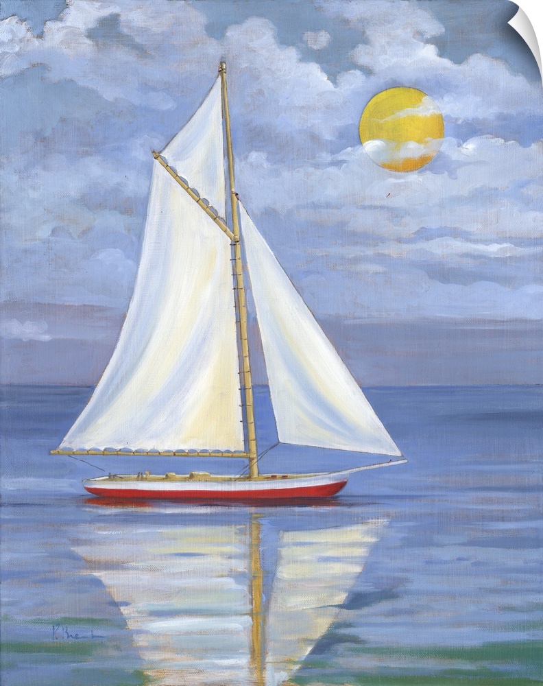 Contemporary painting of a single sailboat on calm waters with the sun in the sky.