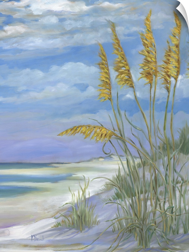 Contemporary painting of tall beach grasses with fluffy seed heads on a sand dune.