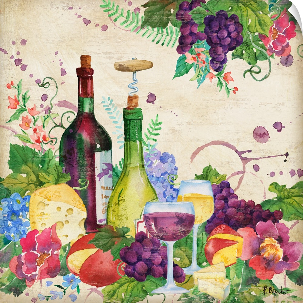 Square decor with watercolor painted wine bottles, grapes, cheese, flowers, and greenery on a beige background.