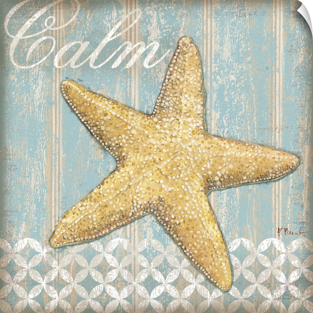 Pastel toned painting of a star fish with the word Calm.