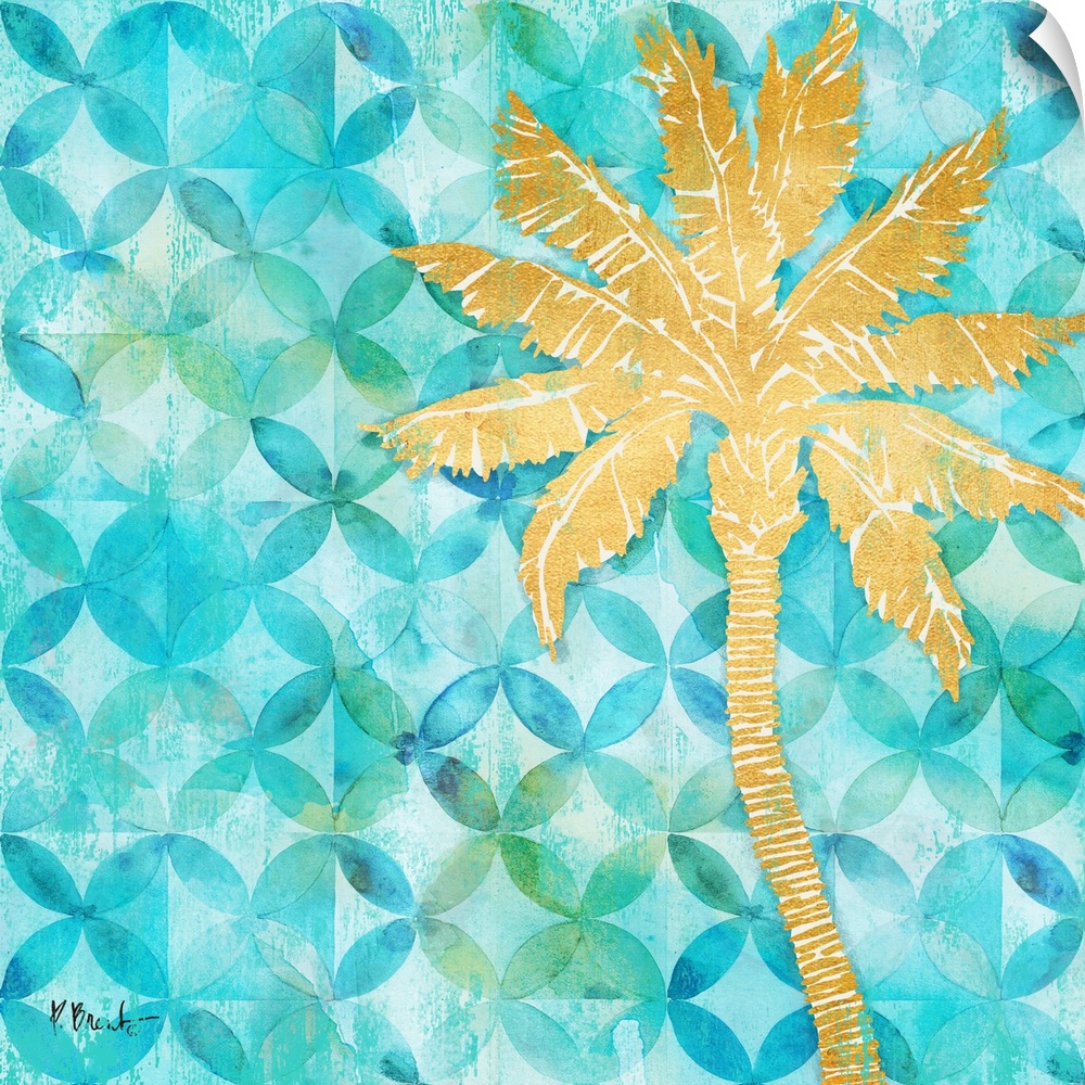 Square decor with a metallic gold palm tree on a blue and green patterned background.