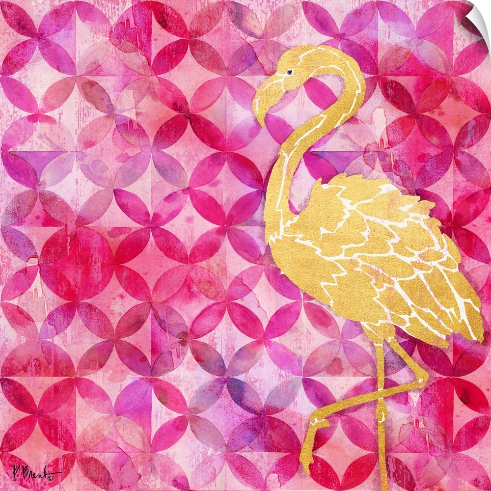 Square decor with a metallic gold flamingo on a pink and purple patterned background.