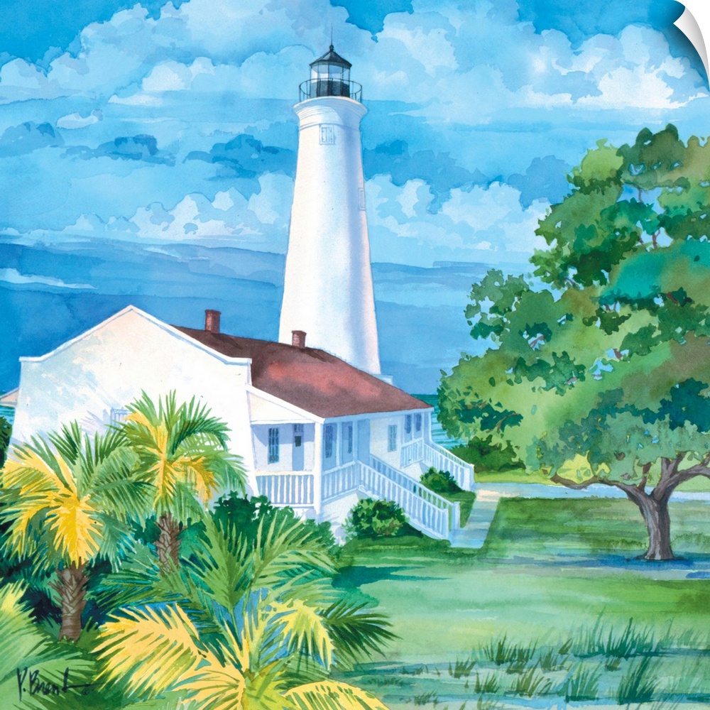 Watercolor painting of a lighthouse with an attached house near some palm trees in Florida.