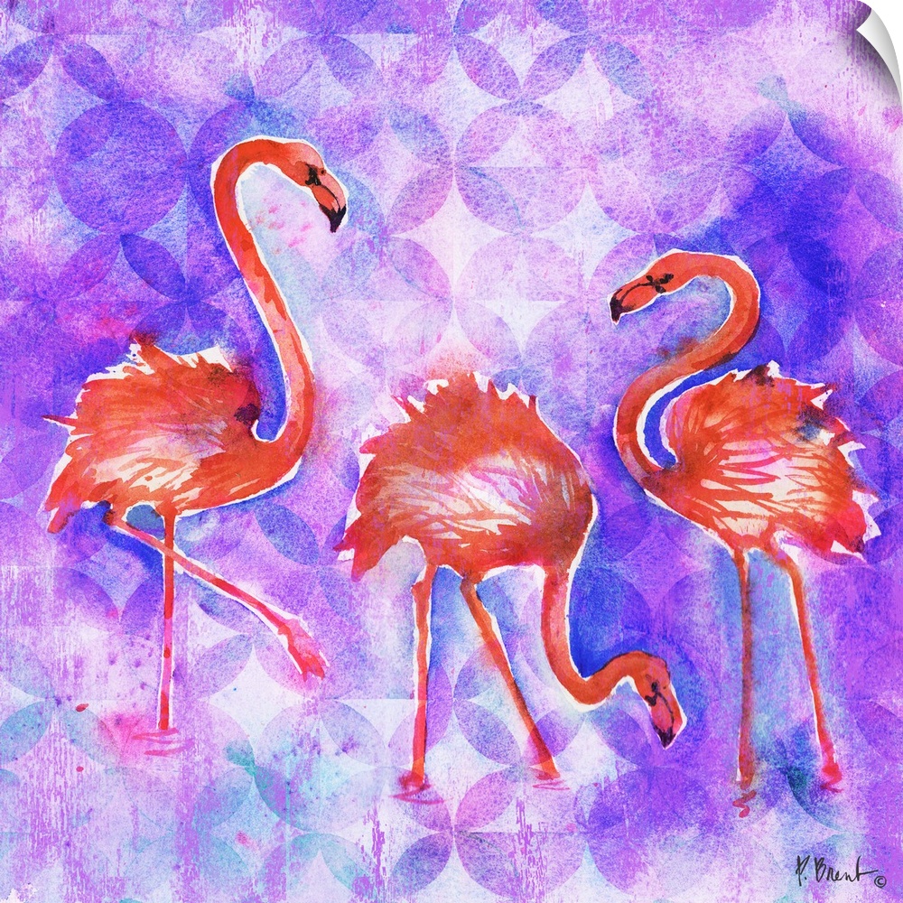 Square watercolor painting of three flamingos on a purple and pink patterned background.
