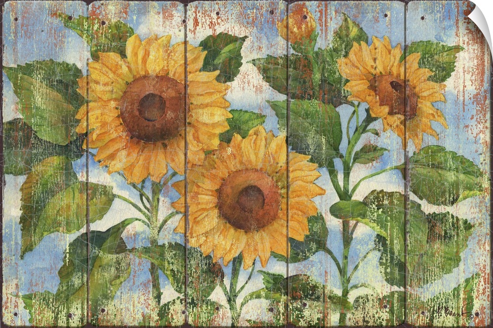 Contemporary decorative artwork of three large sunflowers in full bloom on a textured panel background.