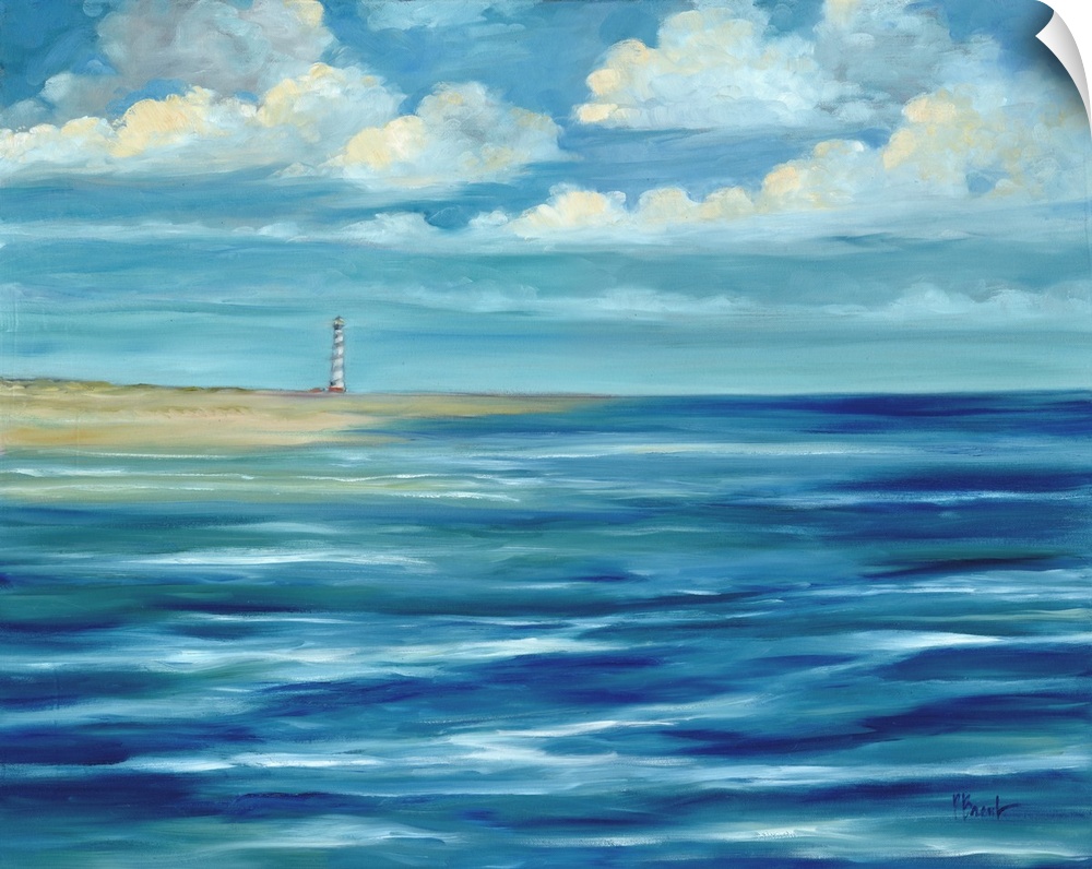 Contemporary artwork of a lighthouse on the coast, seen across the ocean under a cloudy sky.