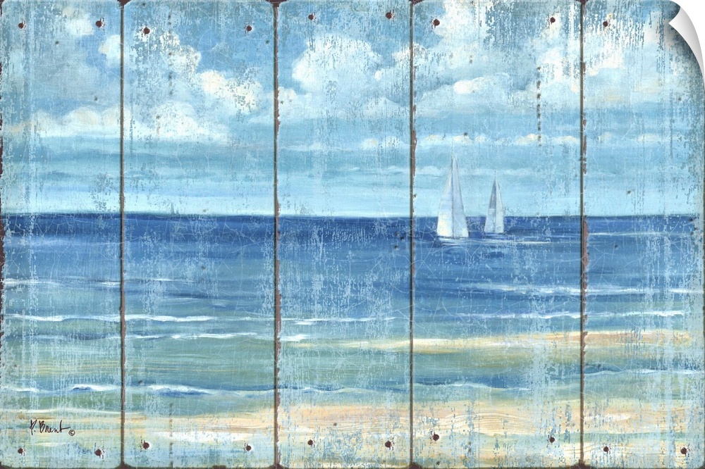Contemporary artwork of two sailboats in the distance seen across the sea on a textured panel background.