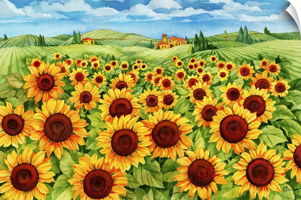 Contemporary painting of a field of sunflowers in the countryside.