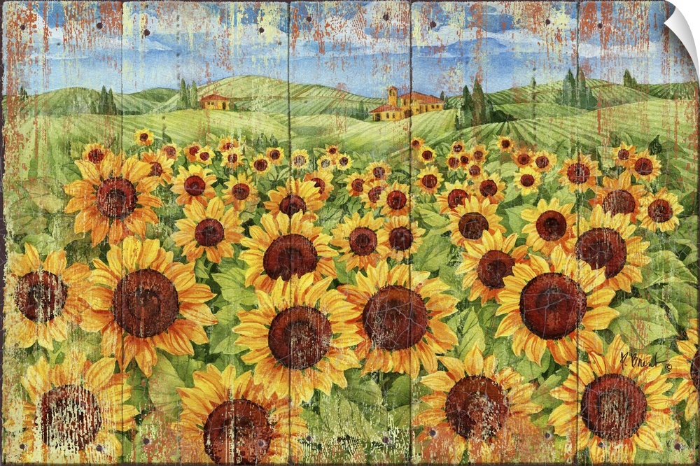 Weathered painting of a field of sunflowers in the countryside.
