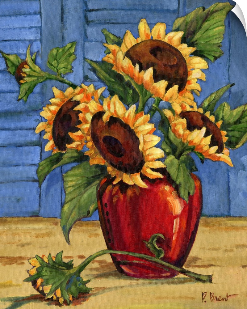 Still life painting of an arrangement of sunflowers in a red vase against window shutters.