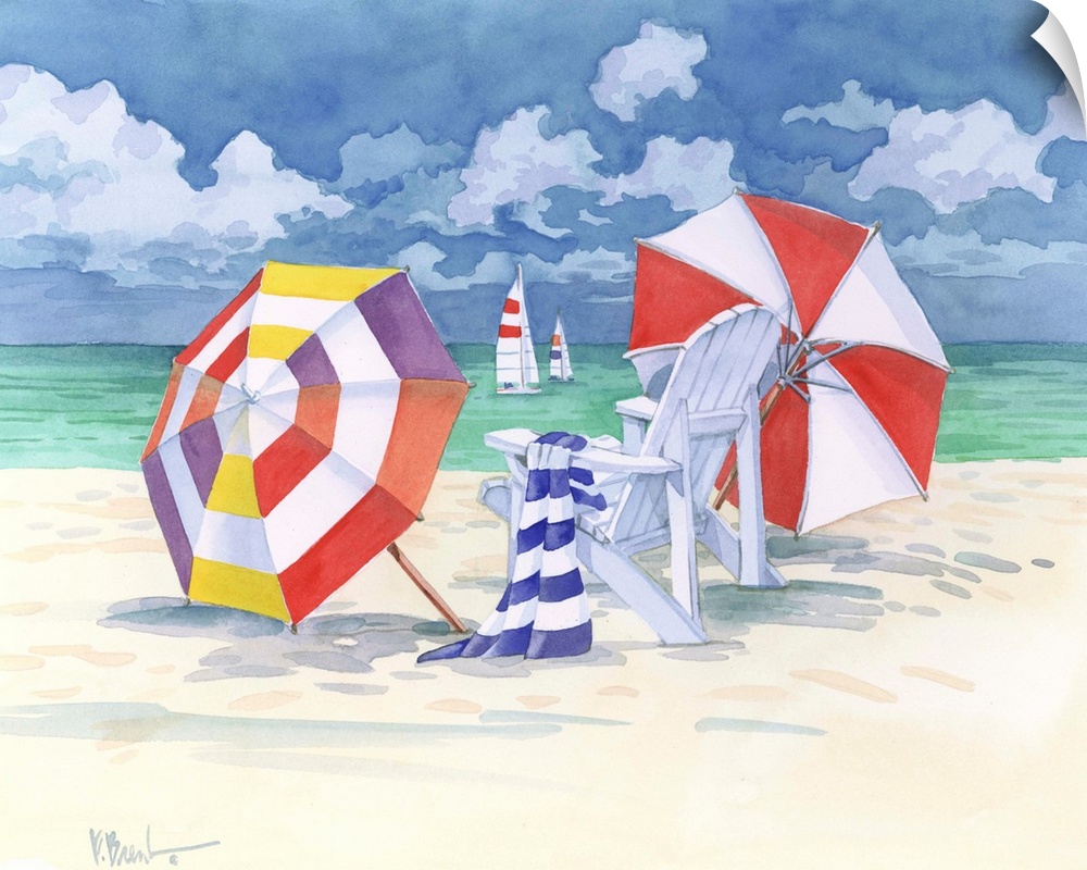 Watercolor painting of a beach scene with an adirondack chair, a towel, and two large sun umbrellas.