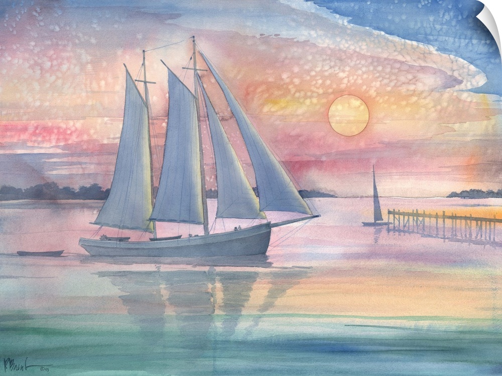 Watercolor painting of a sailboat at sunset by a pier.