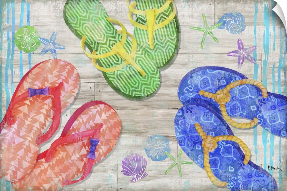 Large Summer themed decor with colorful flip flops and seashells on a faux wood background.