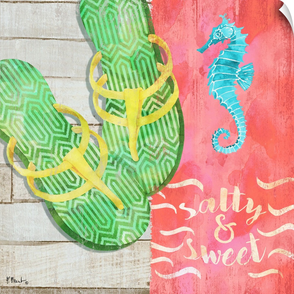 Square Summer decor with flip flops, a seahorse, and "salty and sweet" written at the bottom.