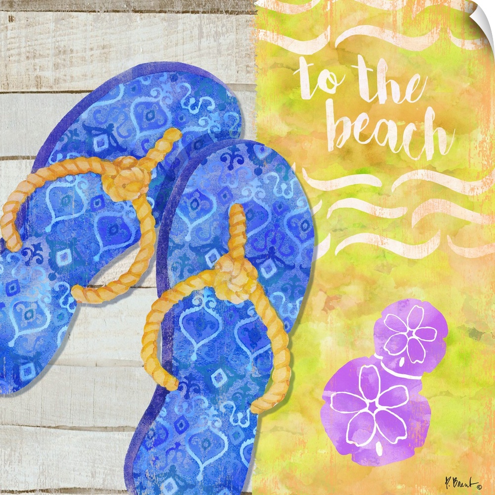 Square Summer decor with flip flops, sand dollars, and "to the beach" written at the top.