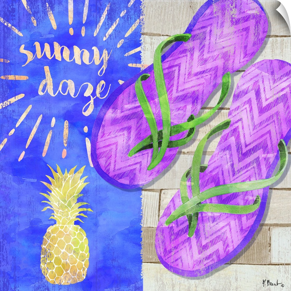 Square Summer decor with flip flops, a pineapple, and "sunny daze" written at the top.