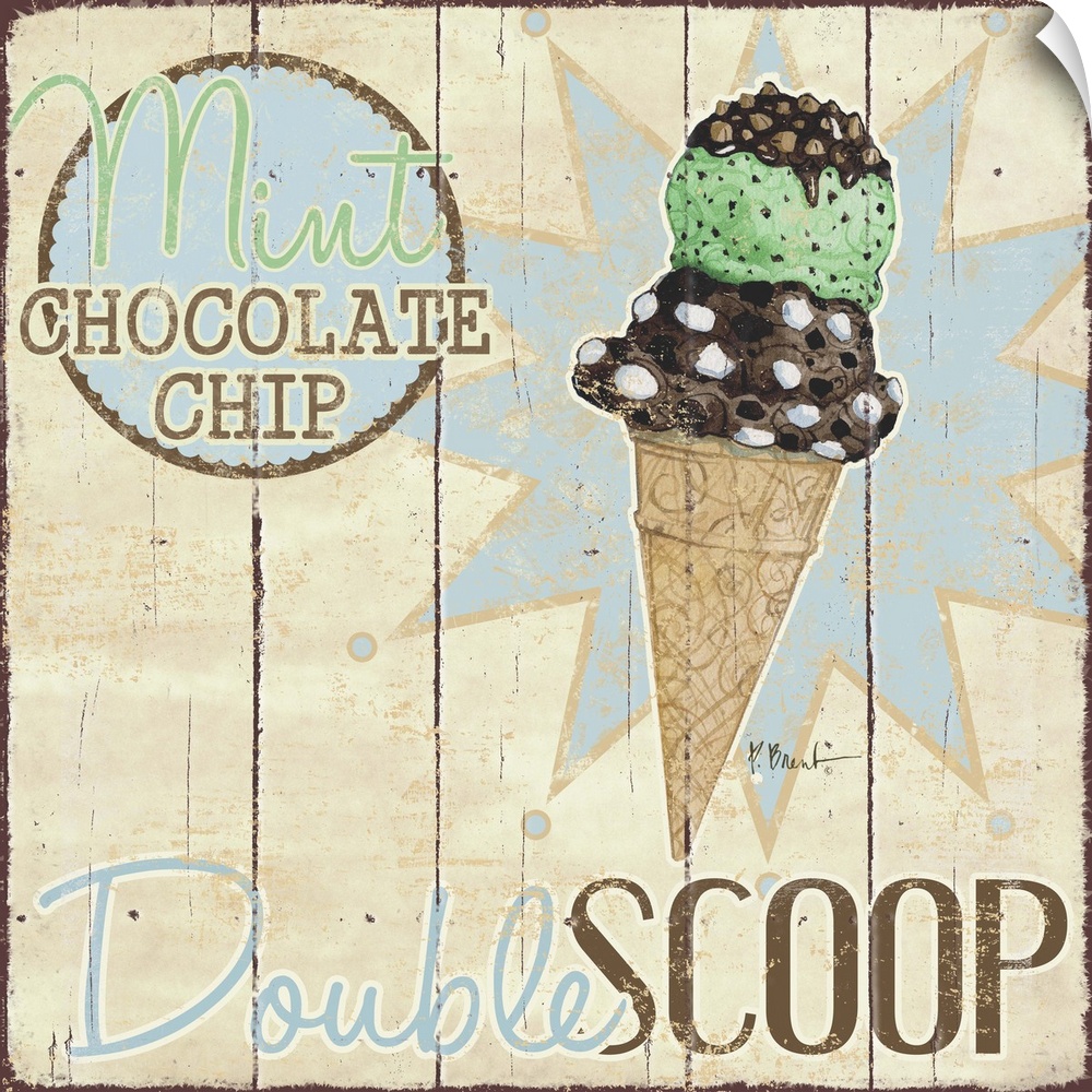 A vintage ice cream shop sign featuring a double scoop on a cone.