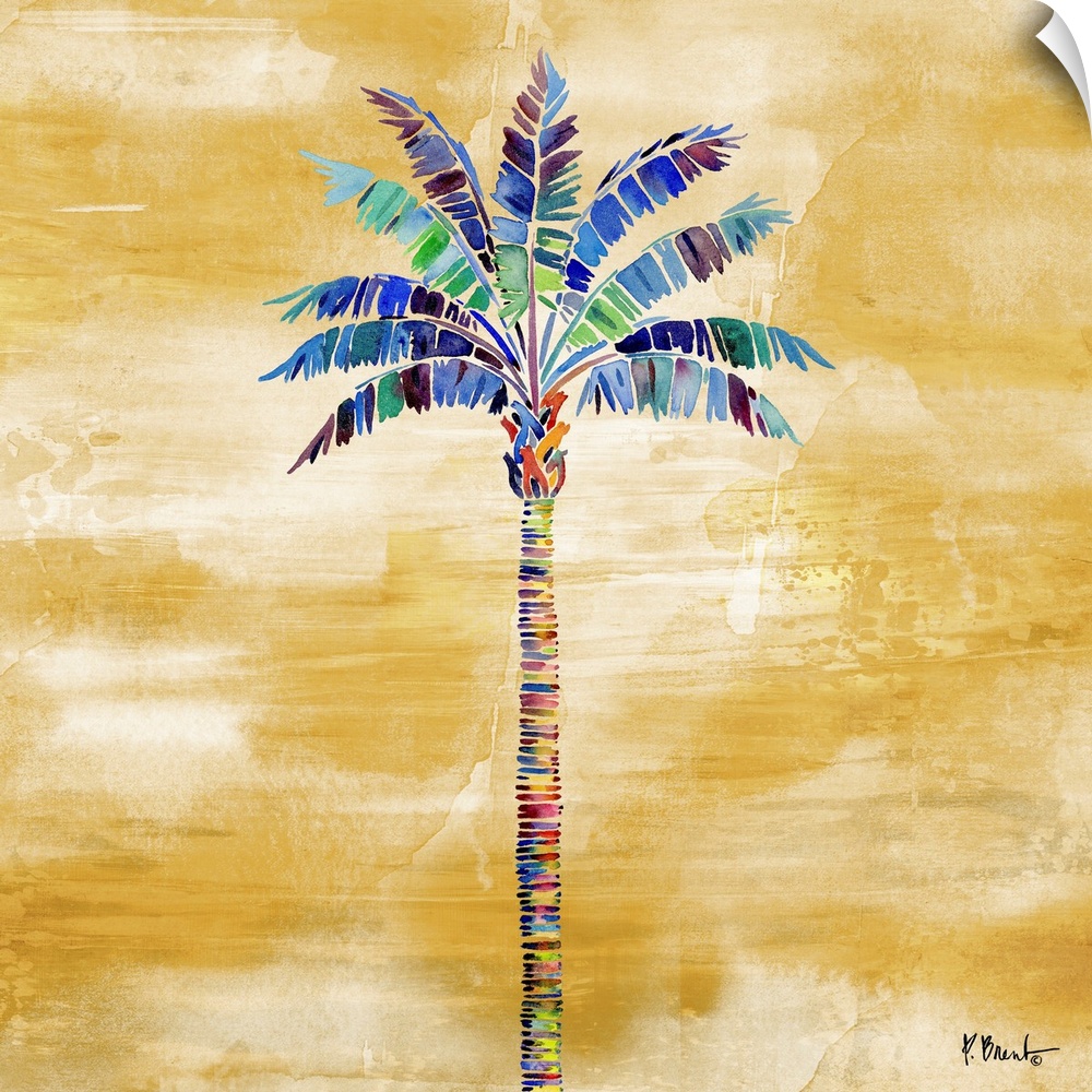 Watercolor palm tree on a gold background.