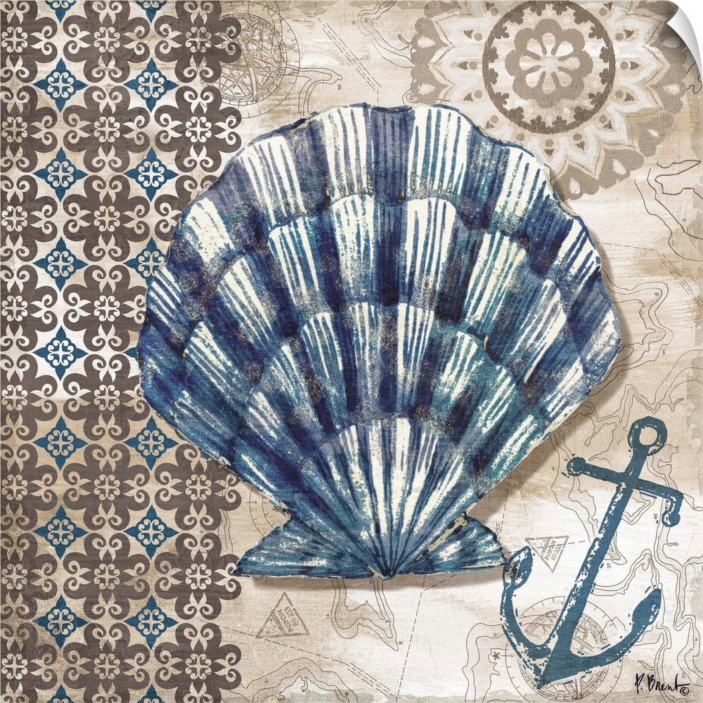 Contemporary decorative artwork of a scallop shell on a patterned background and nautical elements.