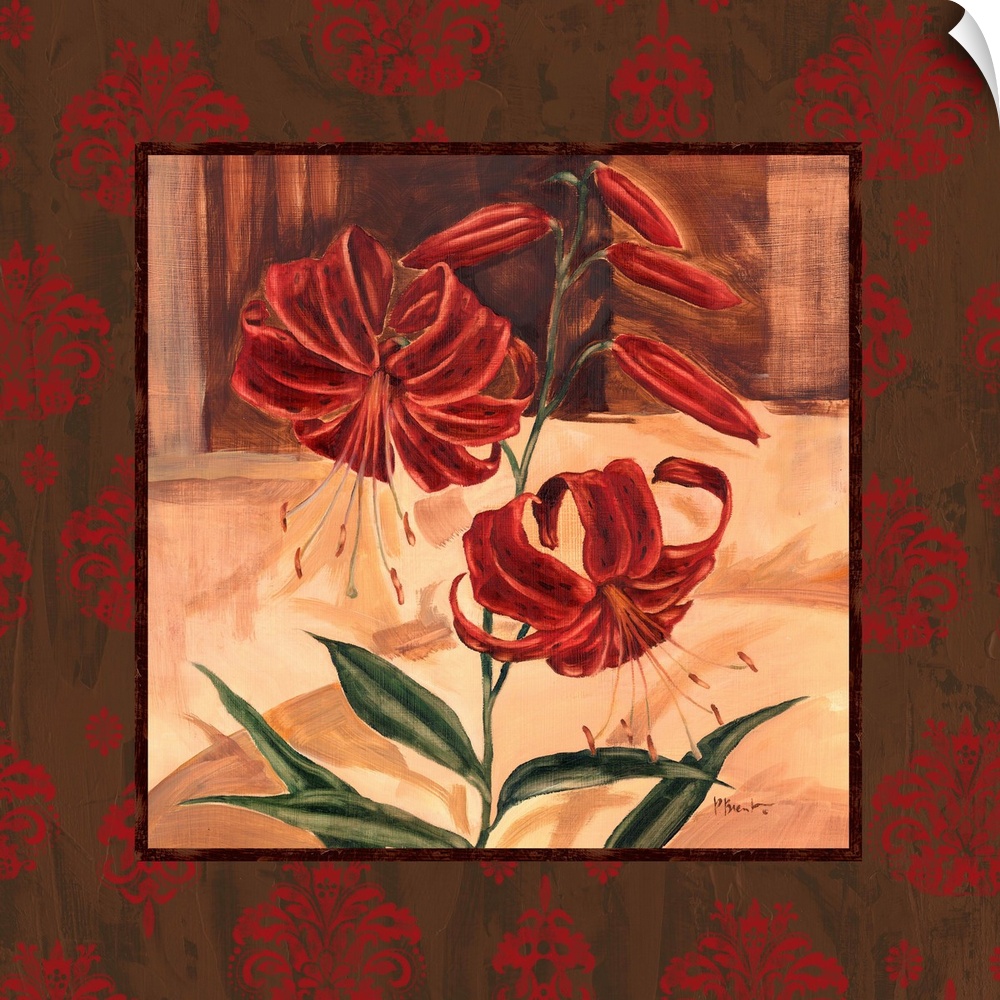 Square painting of tiger lilies and buds with a border of damask-style flowers.