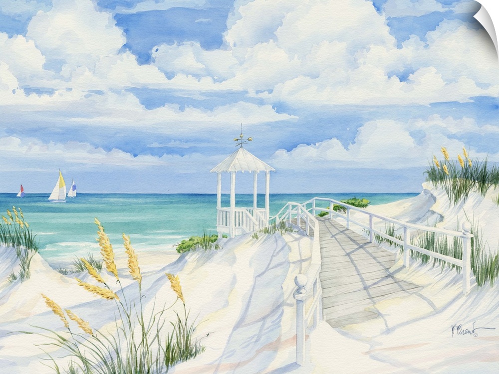 Painting of a sandy beach with dune grass and a jetty.