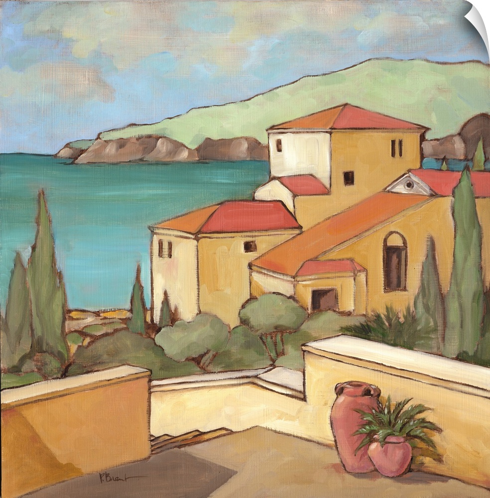 Painting of a Mediterranean town overlooking the sea.