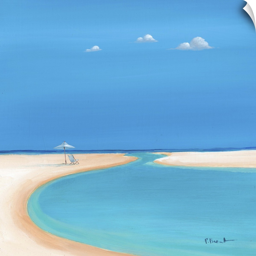 Serene painting of calm, tropical beach with sandy shores and clear blue water.